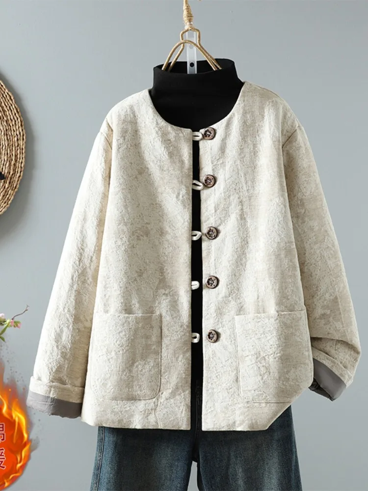 

Thickened Cotton Jacket Women's Winter Warm Coat Retro Embroidered Liner Large Size Cotton Padded Outerwear Tang Suit Outer