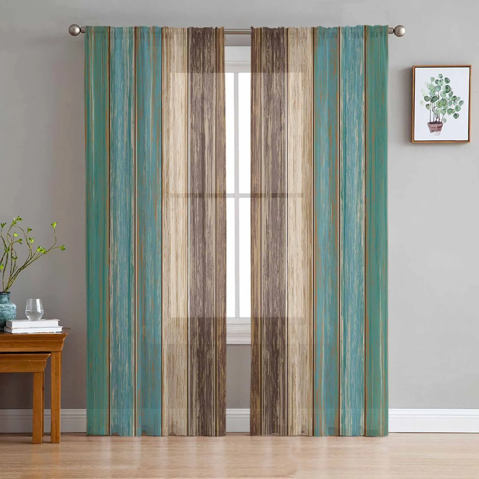 

Green Retro Wood Grain Sheer Curtains for Living Room Bedroom Window Treatment Kitchen Chiffon Curtain