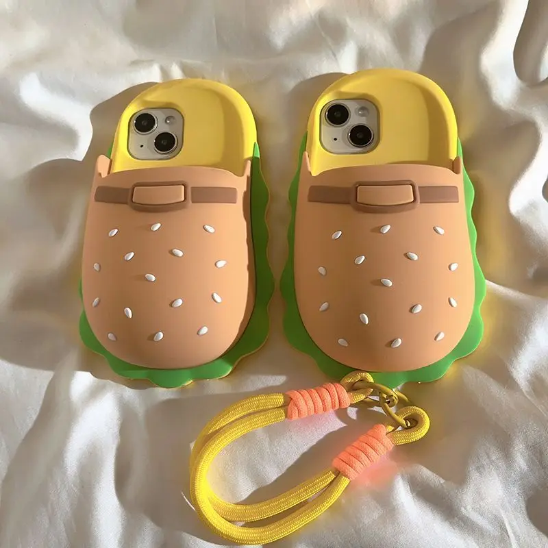 

Phone Case For iphone 16 15 14 13 Pro Max New INS Creative Funny Hamburger Slippers Shape Soft Protective Cover With Lanyard