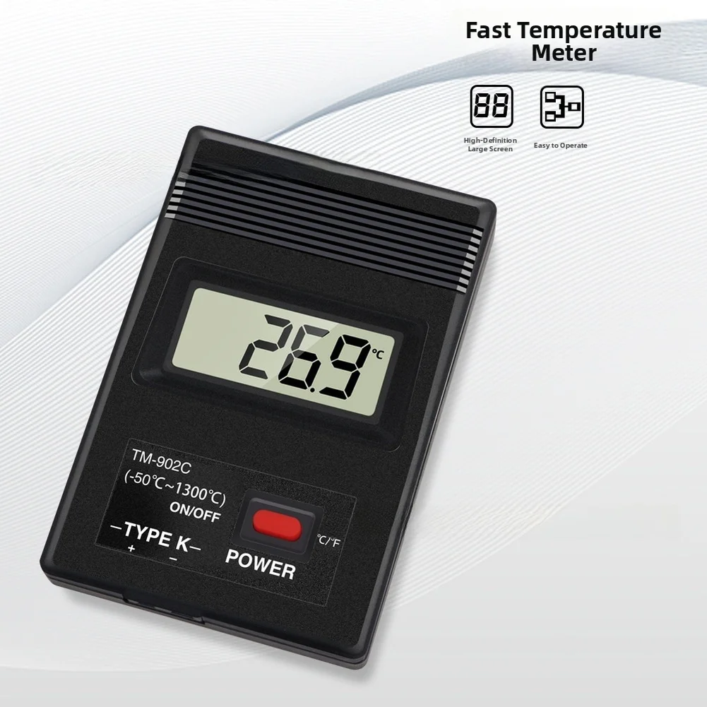 Цифровой термометр TM-902C с диапазоном измерений от -50 до 1300°C, с датчиком типа K и ЖК-дисплеем для измерения температуры промышленных газов, жидкостей и полутвердых веществ.