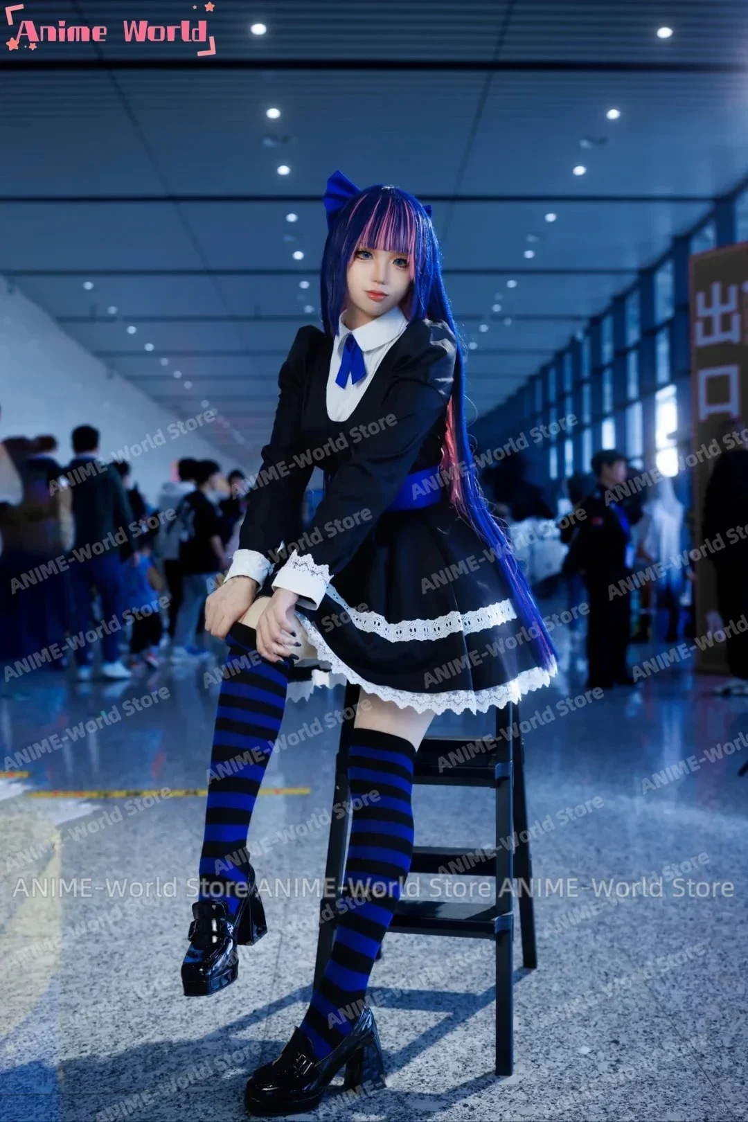 《Custom Size》Anime Panty & Stocking Garterbelt Heroine Anarchy Stocking Cosplay Black Dress Costume Stockings Wig Plush Prop view 6
