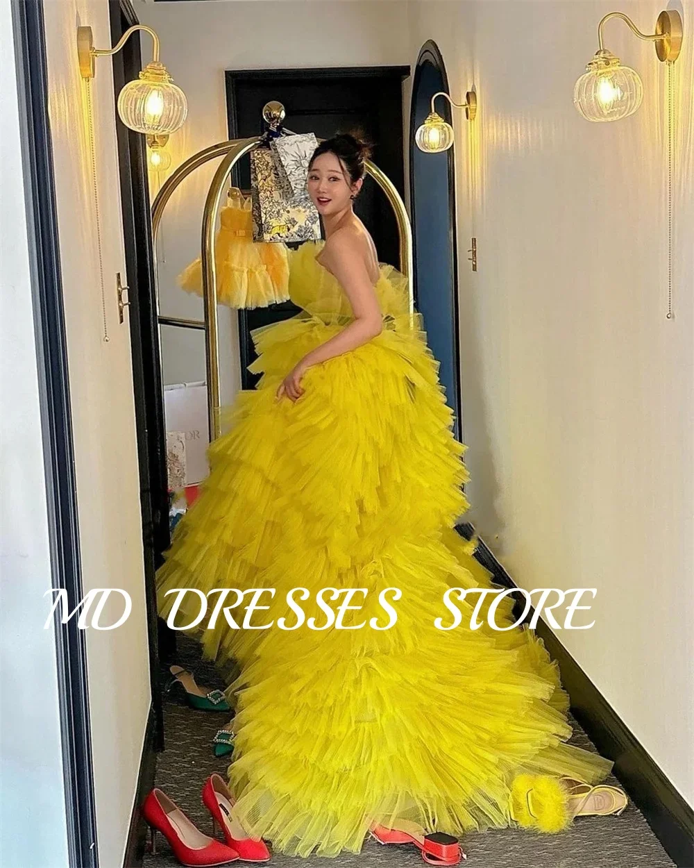 MD A-line Fairy Yellow Wedding Dresses Tulle Strapless Ruffles  Bride Gowns Korea Tiered Pleat Photo shoot Customized 2025 웨딩드레스