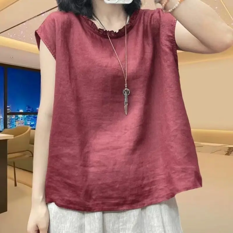 

Ruffle Edge Round Neck Sleeveless Cotton Linen Shirt for Women Summer Artistic Style Casual Loose Tops Fashion Women Clothing
