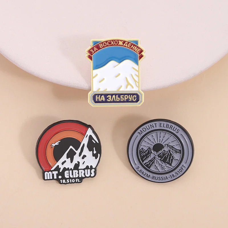 Russia Elbrus Mount Enamel Pins Natural Scenery Sunrise Snow Mountain Brooches Backpack Lapel Badge Travel Jewelry Gift Friends