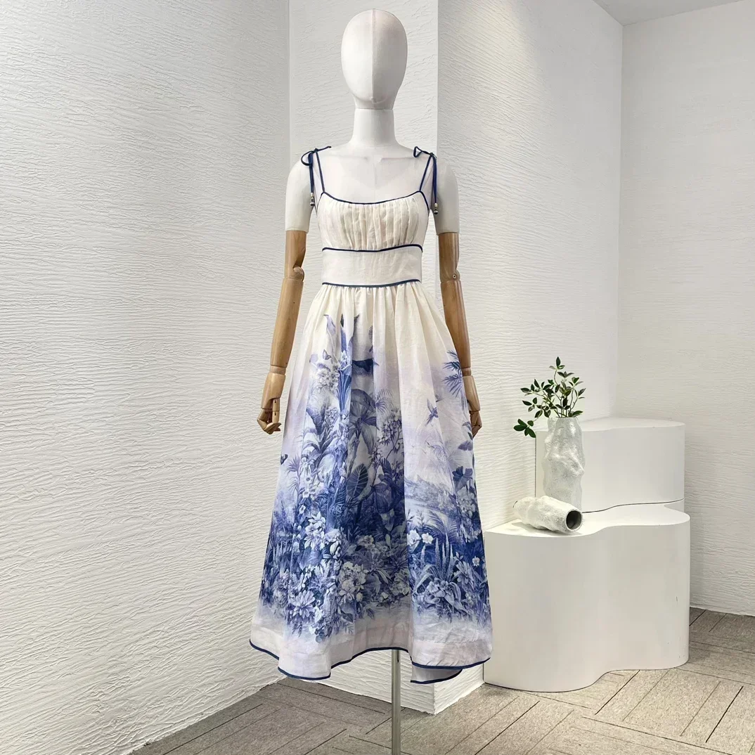 Elegant Latest New High Quality Pleat Ruched Blue Floral Print Sleeveless Shirred Lace-up Women White Midi Dress