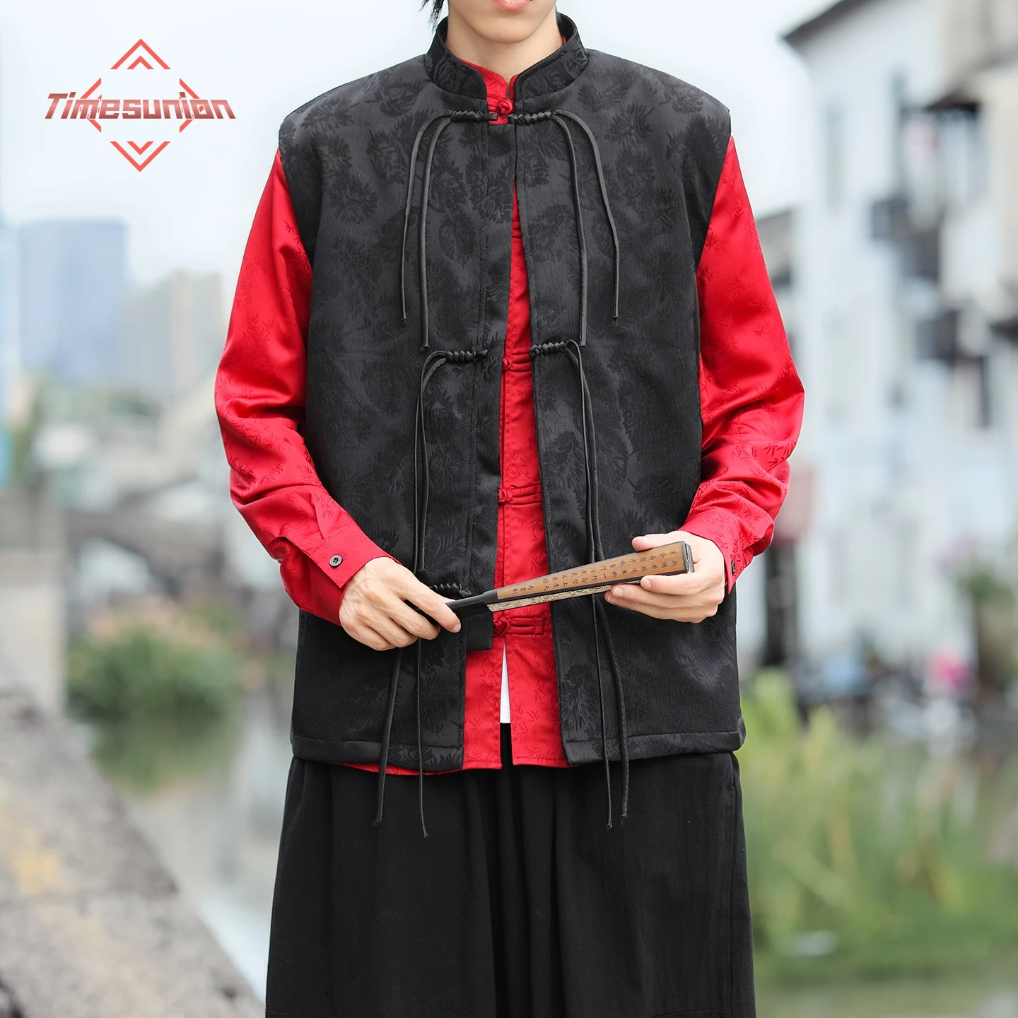 

Chinese Traditional Style Vests Men Buckle Vests Fashion Casual Jacquard Tank Tops Male Tang Costume Hanfu Vests