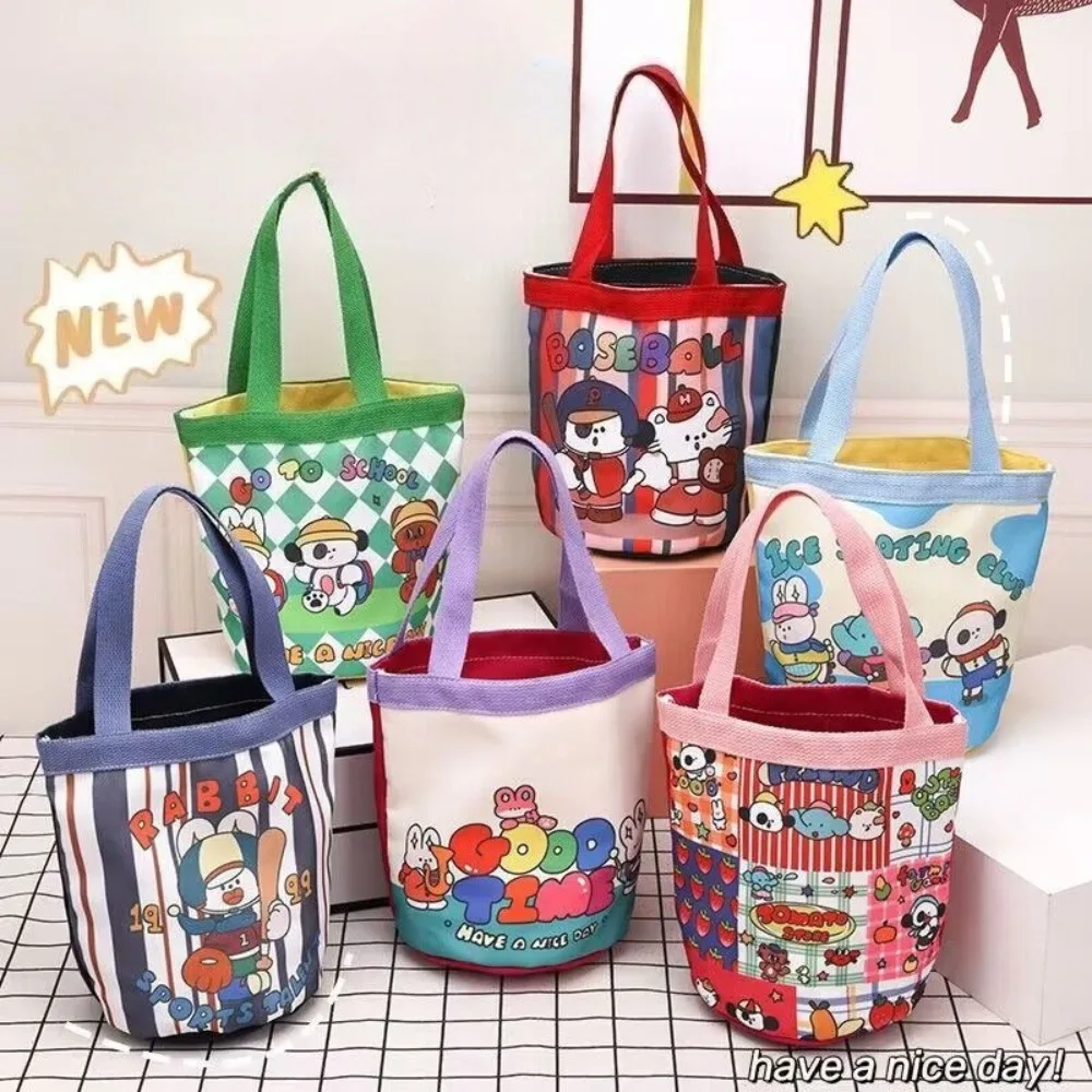 Bucket Bag Portable Cute Animal Pattern Graffiti Handbag Cartoon Print Cylindrical Bag Canvas Bento Bag Handheld Lunch Box Bag