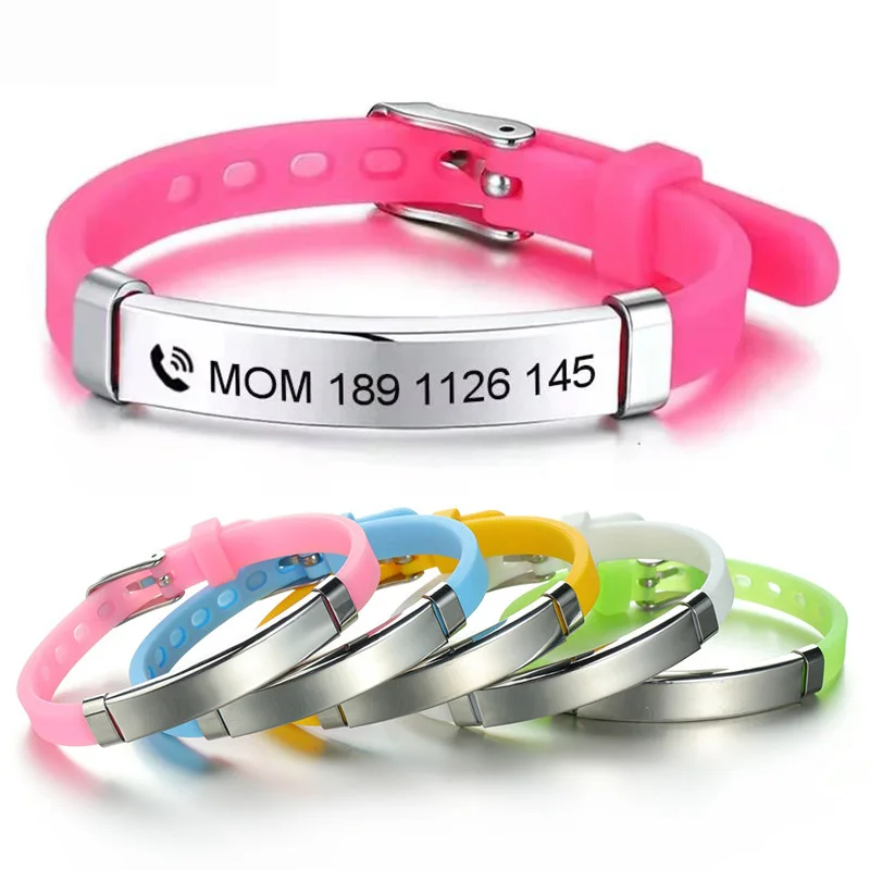 Personalize Kids Baby ID Bracelets Soft Silicone Rudder Stainless Steel Children Girls Boys Custom Emergency Name Phone