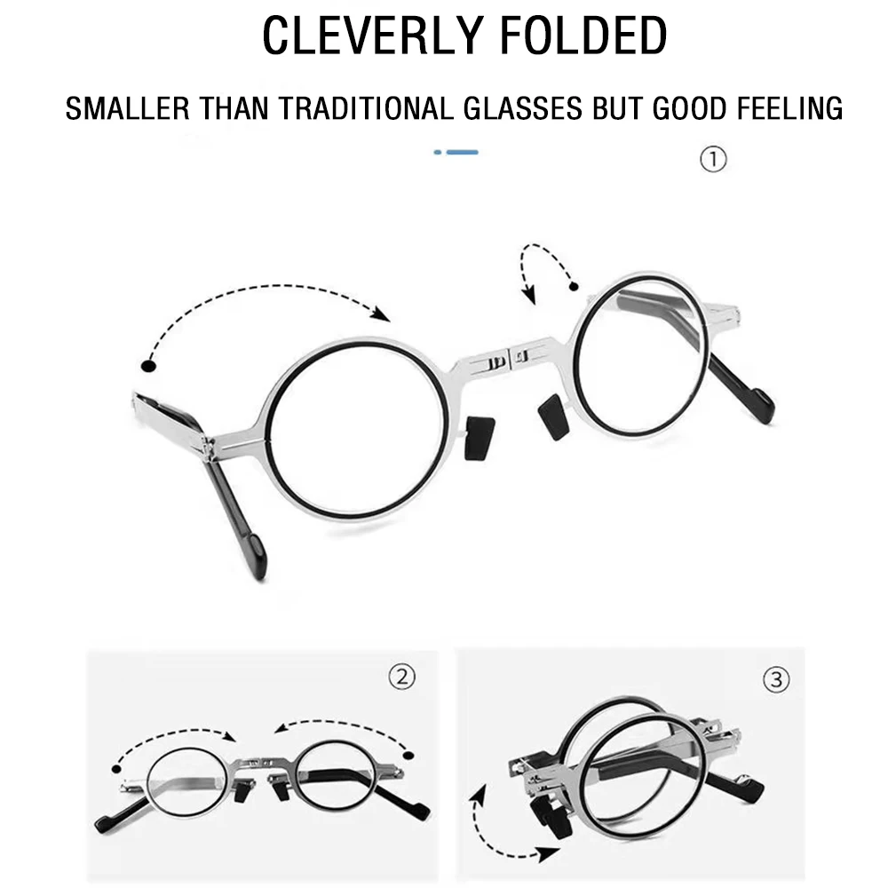 แบบพกพาพับ Kacamata Baca สำหรับโลหะโลหะรอบสแควร์ Anti Blue Light กรอบแว่นตา Presbyopia พร้อม Diopters Plus