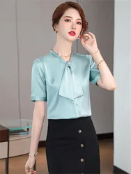 Women's  Summer Bow Tie Office Blouses Oversize White Shirt Short Sleeve  Vintage Top Blue Pink Blouses for Ladies 2023