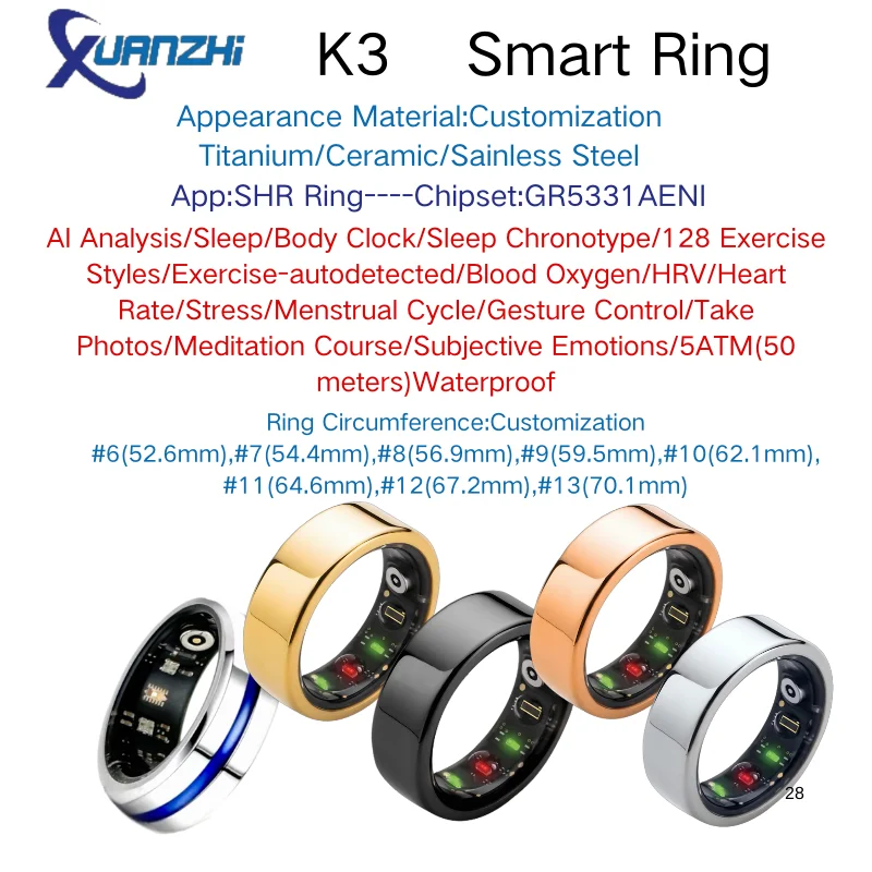 صحة النساء OEM حلقة ذكية دورة الحيض توقع النوم كرونوتايب AI تحليل 128 الرياضة السيارات كشف 5ATM Swimproof