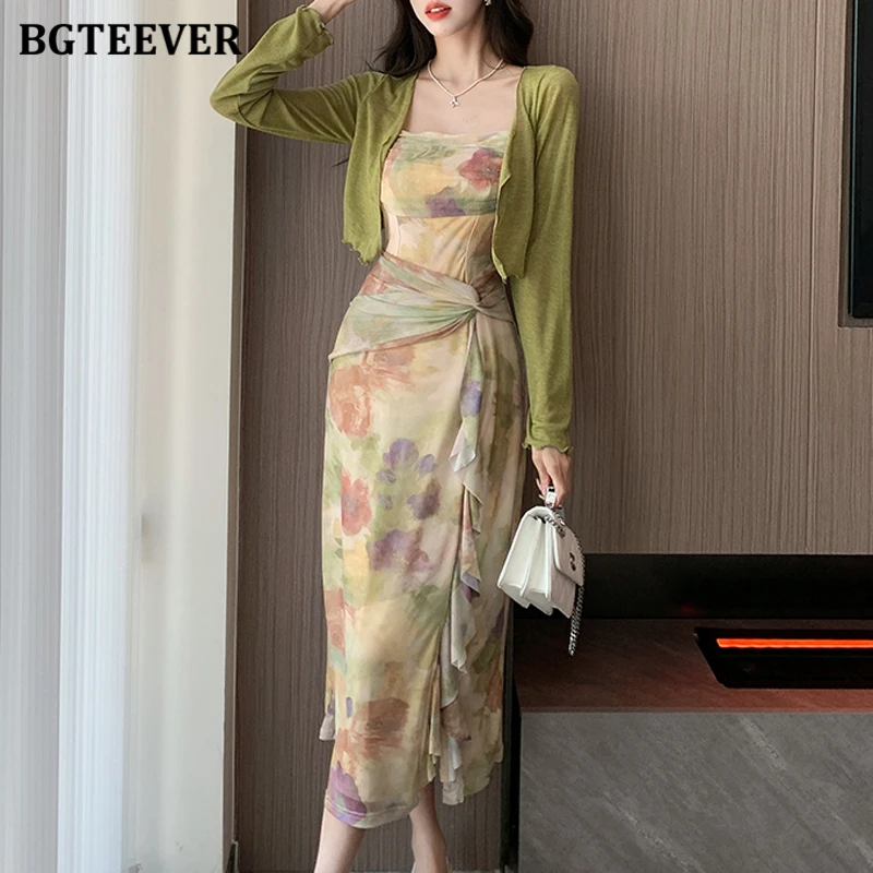 BGTEEVER Spring Summer Ladies 2 Pieces Dress Set Long Sleeve Shawl Cardigans & Floral Printed Sleeveless Package Hip Dress