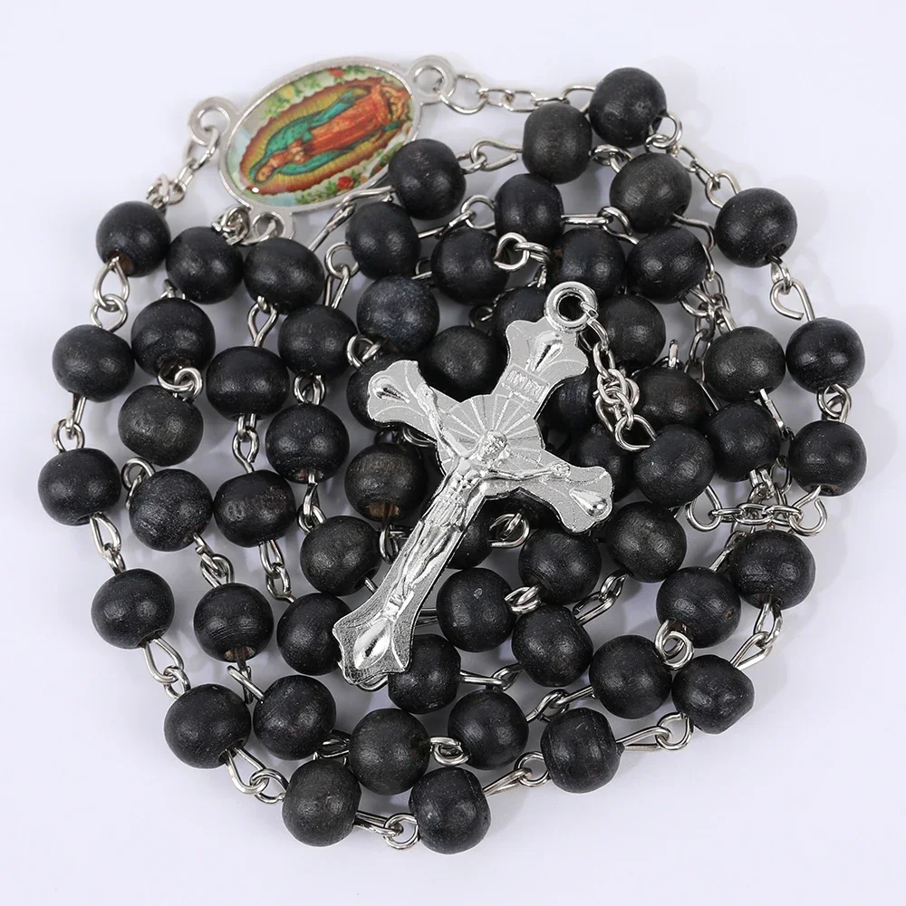 6MM Wooden Beads Rosary Necklace For Women Men Religious Virgin Mary Cross Pendant Long Chain Catholic Prayer Party Jewelry