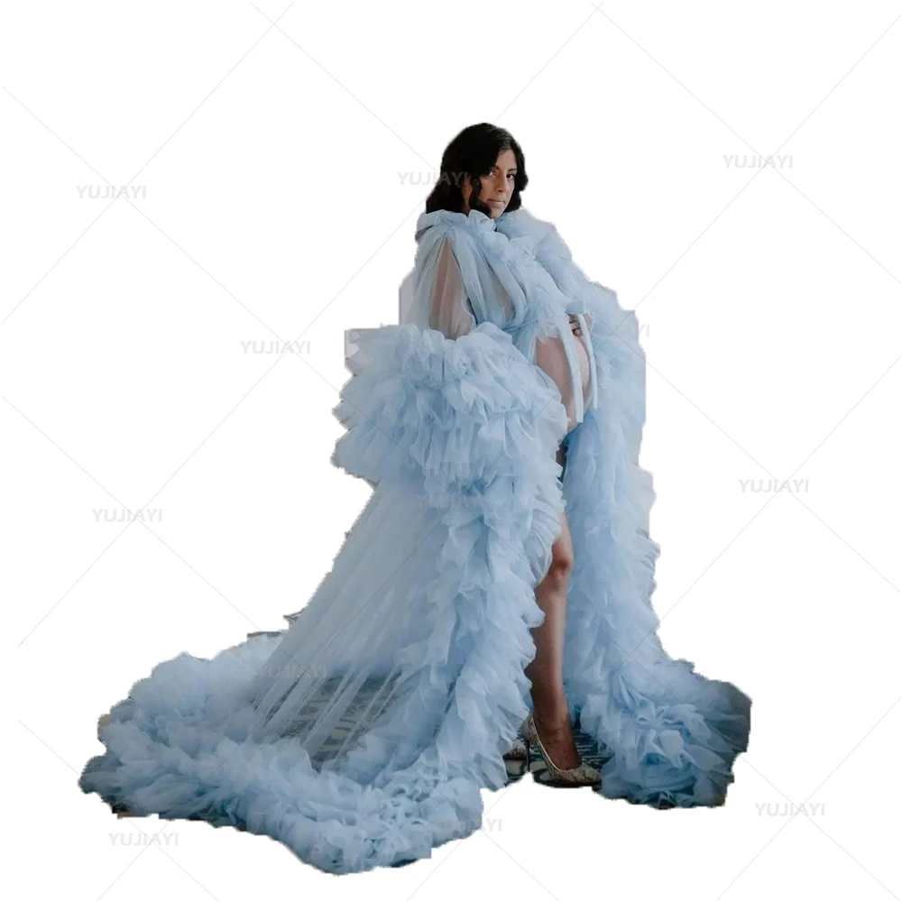 Puffy Tulle Maternity Robes Tiered Ruffles Pregnant Woman Photoshoot Gown Front Split Floor Length Boudoir Sleepwear Nightgown