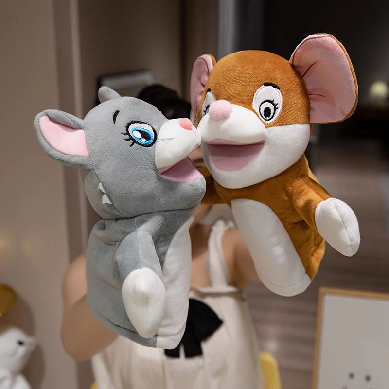 Marionetas de mano de felpa con forma de ratón y gato Kawaii, juguetes educativos para juegos familiares, muñeca de tiempo, 28cm