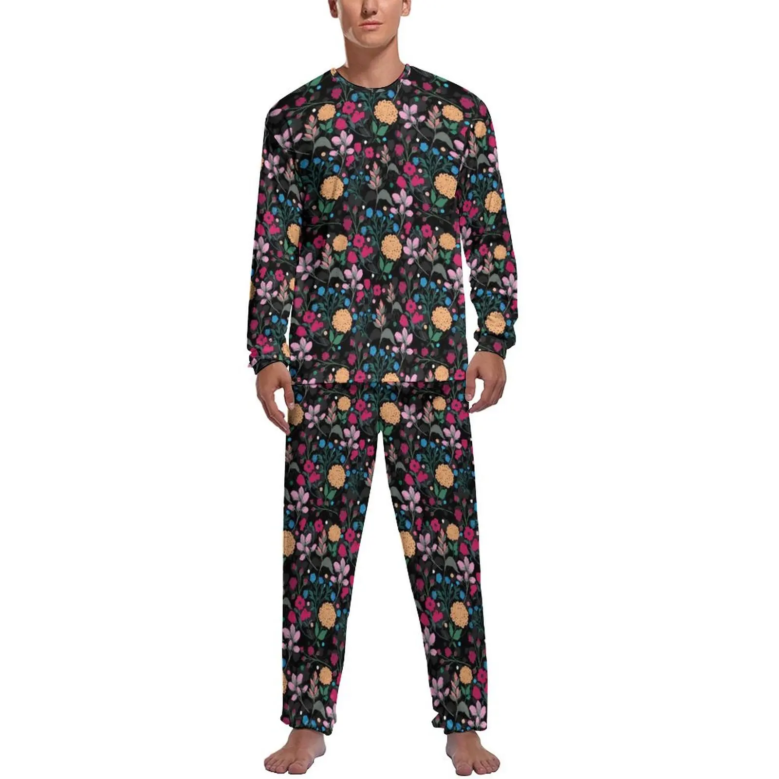 Ditsy Floral Pajamas Man Pink Yellow Lovely Sleepwear Spring Long Sleeve 2 Piece Night Graphic Pajama Sets