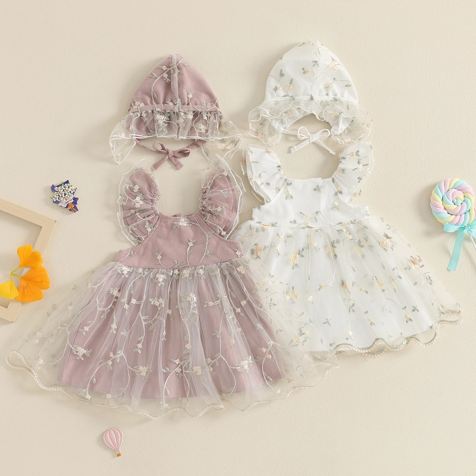 Baby Girl Dress Sets Floral Embroidery Tulle O Neck Flying Sleeve Elegant Cute Dresses with Hat