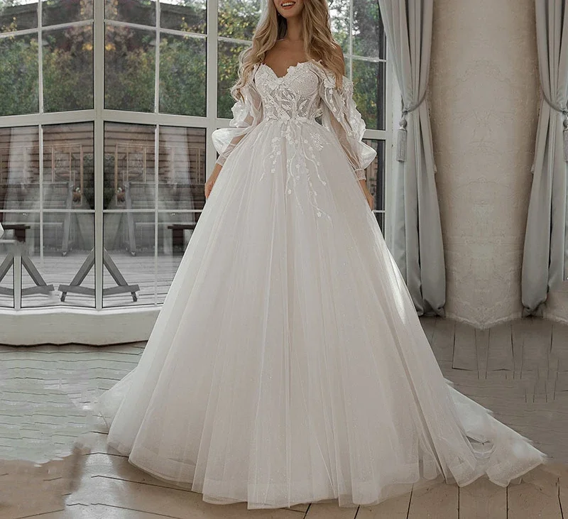

Customized Glitter Boho 3D Flowers Wedding Dresses Appliques Lace Off Shoulder Tulle Puff Sleeve Bride Gown Vestidos De Novia