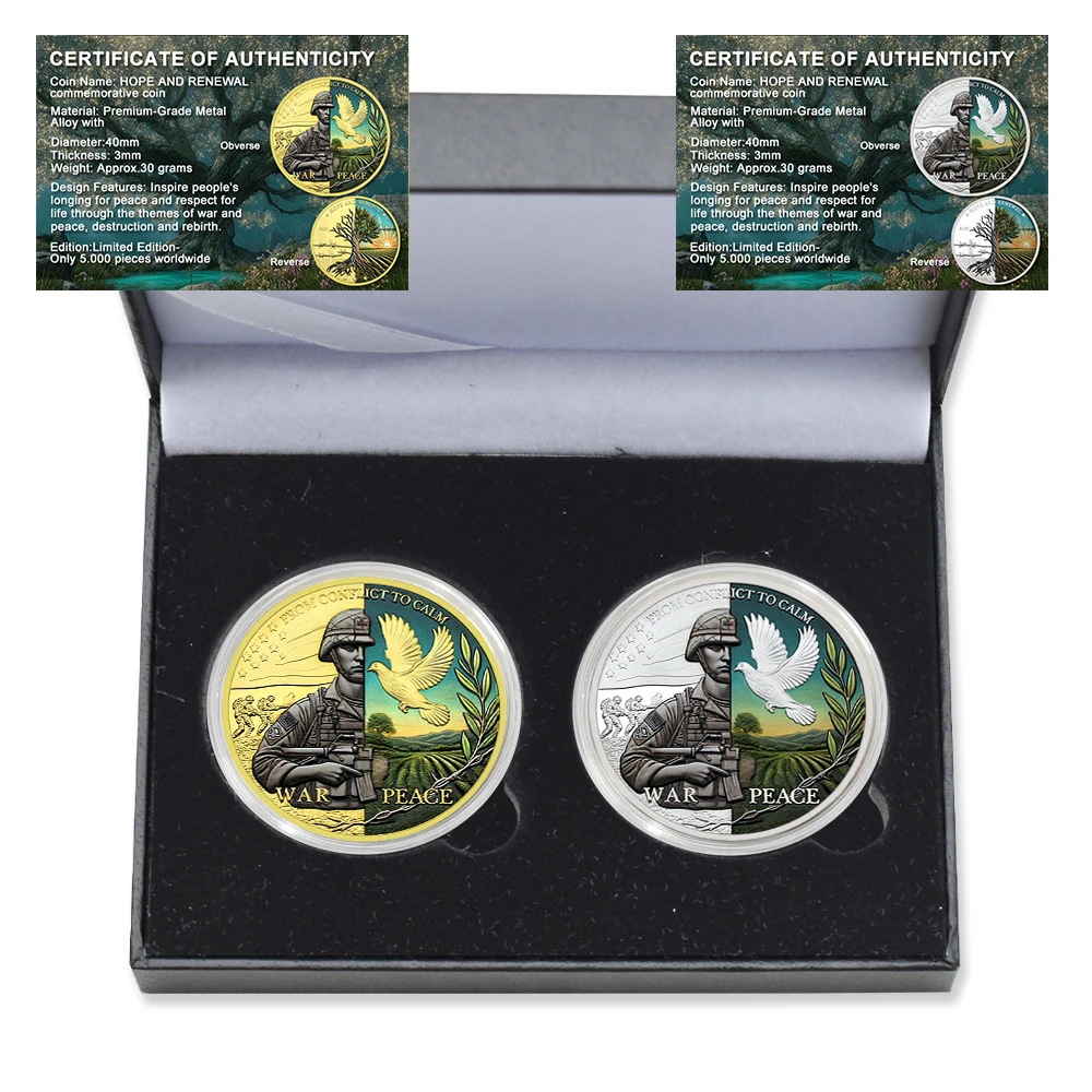 

2pc/box War and Peace Commemorative Coins, Ruins and Regeneration Metal Medals, Challenge Coins, Collection, Holiday Gifts