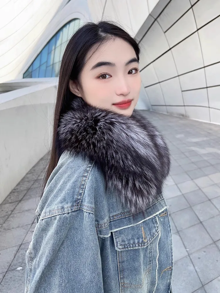 Real Fox fur collar winter fashion warm fluffy clothing accessories  collar Silver Fox fur collar universal neck protection