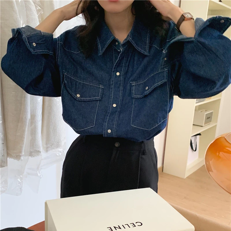 시크 심플 더블 포켓 데님 긴팔 셔츠 여성 초봄 신상 루즈핏 캐주얼 엘레강스 탑 한국 스타일 폴로 카라