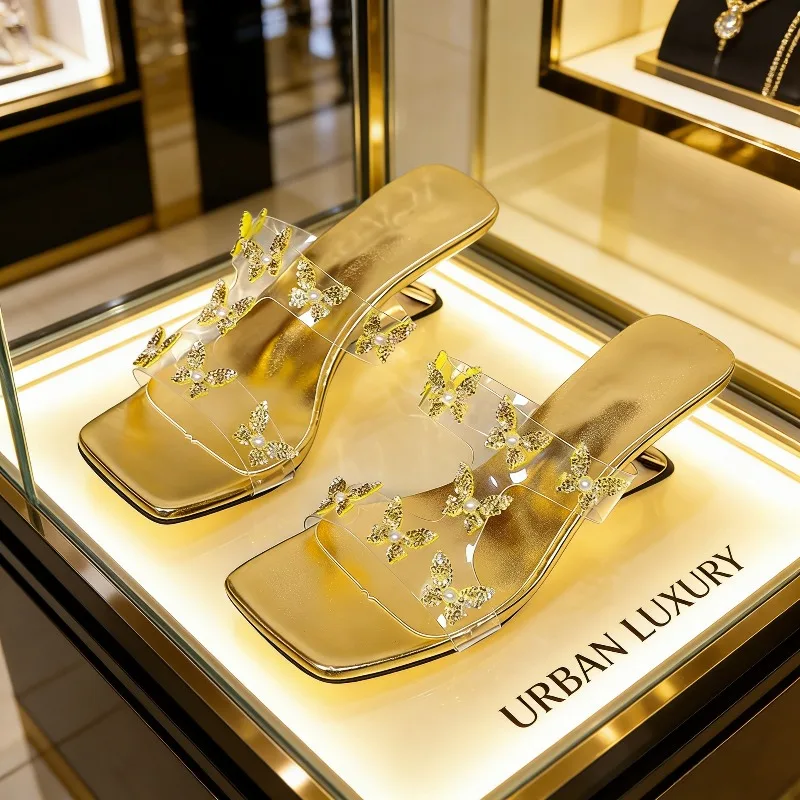 

Shiny Crystal Bow Decorative Women's Slippers 2026 Elegant High Heeled Slide Sandals for Woman lucency Strap Summer High Hee