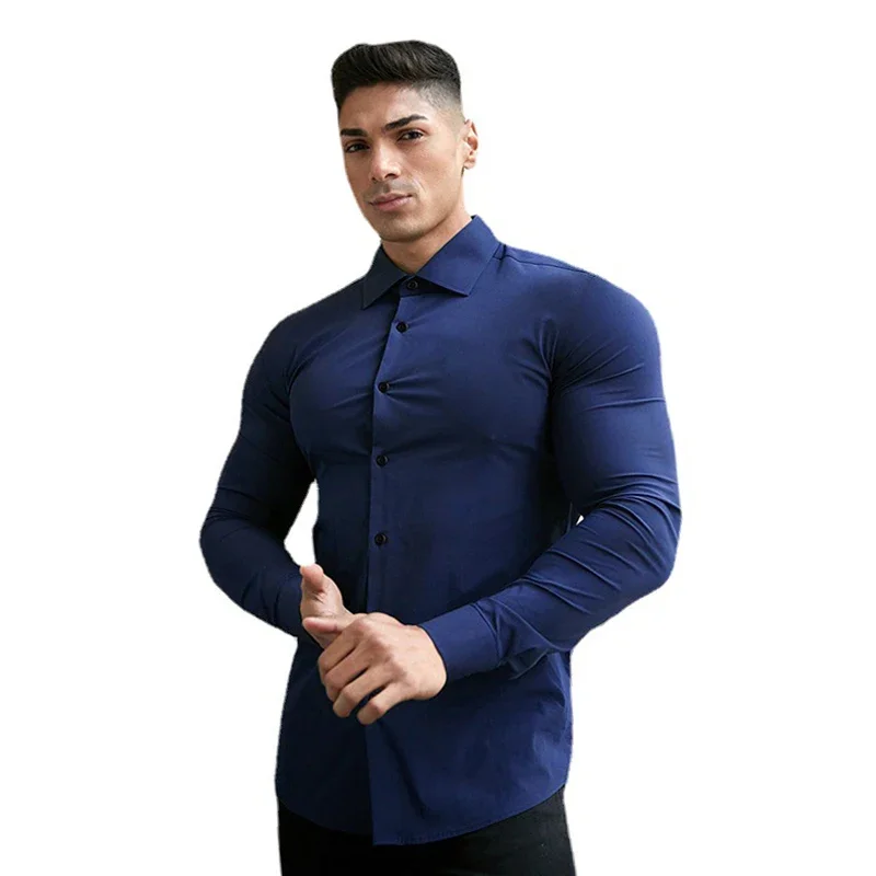 Spring Autumn Fashion Full Sleeve Shirt Men Solid Casual Slim Fit Social Business Dress Shirt Mens Gym Fitness Sports Clothing