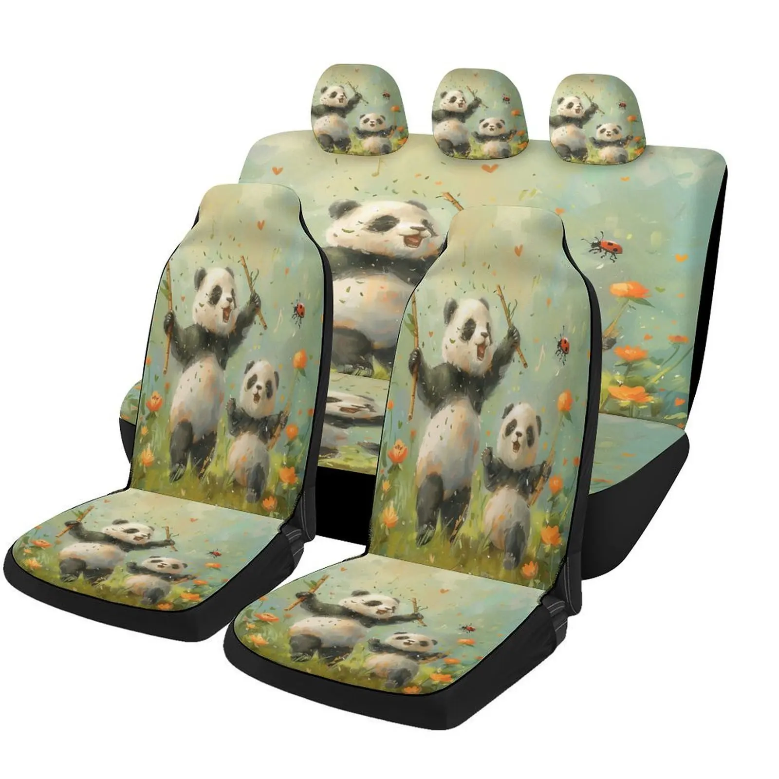 Panda Playtime Themed Car Seat Cover Set Suitable For Various Vehicles, Stylish And Durable Car Seat Protectors, Complete Set Fo
