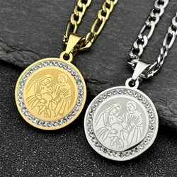 Christian Mother of Jesus Medallion Pendant Necklace for Women Men's Gold/Silver Color Stainless Steel Rhinestone Chain Jewelry