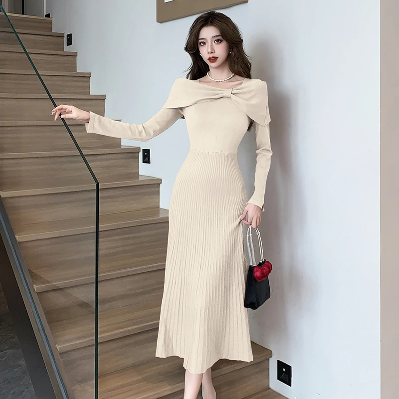 Fashion Chic Autumn Winter Red Bow Twist Knitted Sweater Dress Vintage Women O Neck Long Sleeve Stretch Pleated Long Vestidos