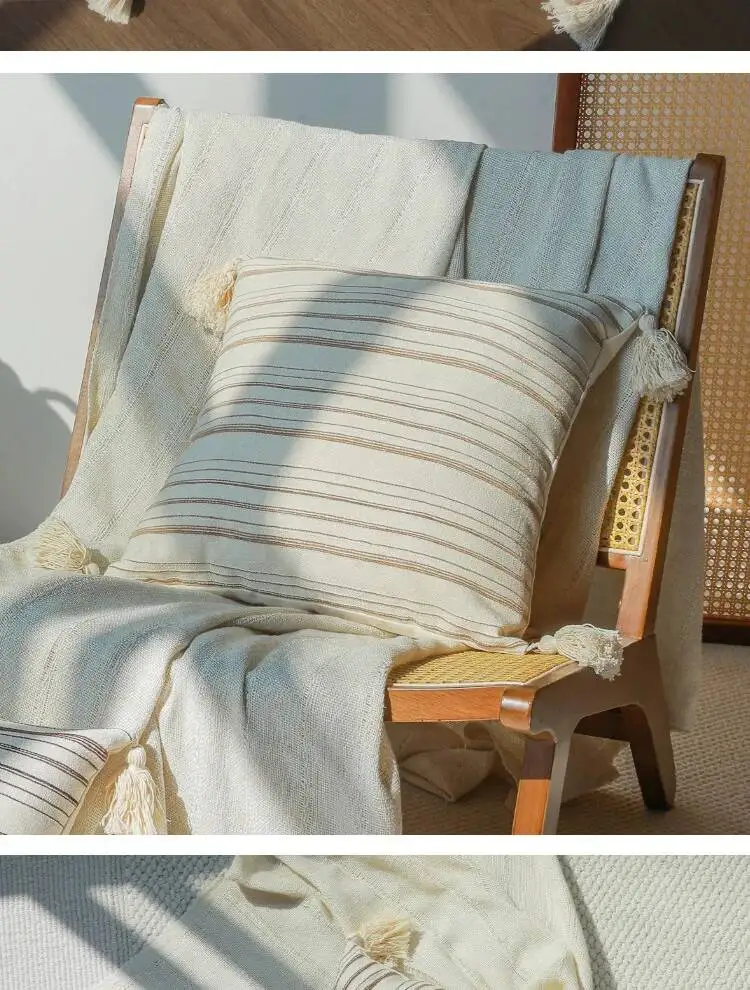 Boho Weiche & Gemütliche Kissenbezüge Gestreifte Quadratische Neutrale Kissenhüllen mit Quasten Landhaus-Stil Sofakissenbezug für Sofa und Bett – Detail 10