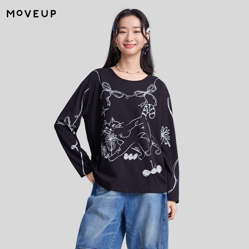 

Футболки с длинным рукавом MOVEUP Fun Printing, весна 2026, хлопковые повседневные топы с вырезом-лодочкой для женщин, уличная одежда 3ELC10546