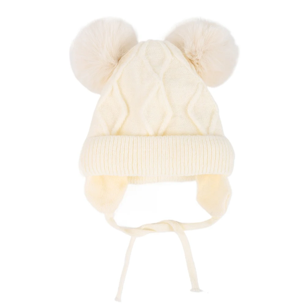 Neue Herbst Winter Doppel Ball Gestrickte Baby Hut für Mädchen Jungen Baby Straps Motorhaube mit Ohrenschützer Outdoor Kinder Ohr Schutz Hut