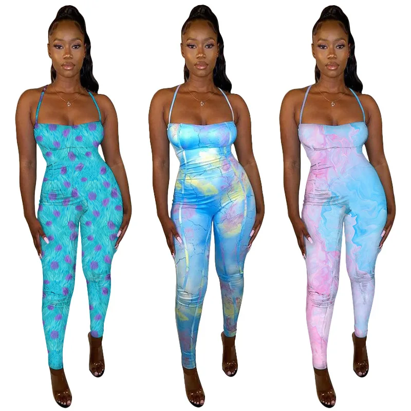 

2022 New Fashion Women Spaghetti Strap Jumpsuits Printed Bandage Jumpsuit Romper Trousers Pants Casual Female Clothes