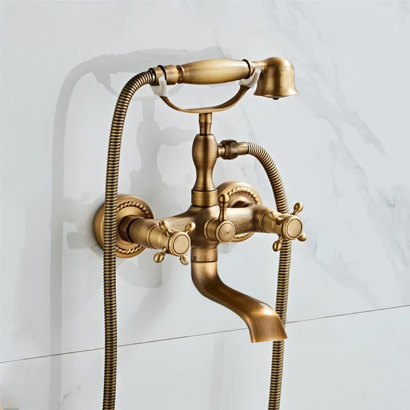 

Bathtub Shower Faucet Gold/ Antique/Bronze Brass Handshower Wall Mount Dual Handles Mixer Tap For Bathroom Tub