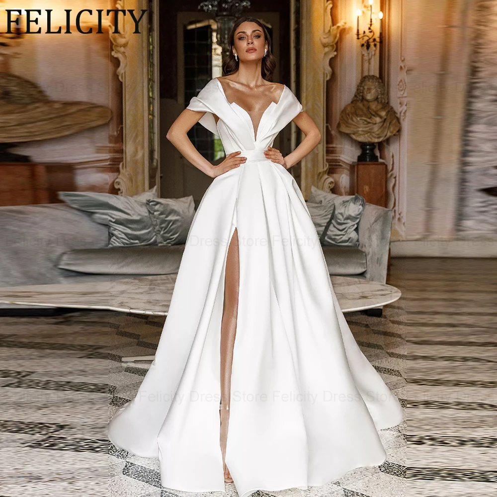 

ANGEL Modern Fashion Wedding Dresses Off The Shoulder Deep V-Neck A-Line Bridal Gowns Side Slit Vestido de novia Custom Made