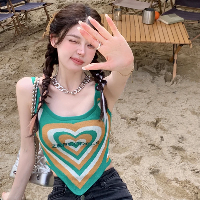 여름 여성 Y2K 러브 하트 프린트 캐미솔 불규칙한 하이 웨이스트 탱크 탑 배꼽 노출 트렌디 스트리트웨어