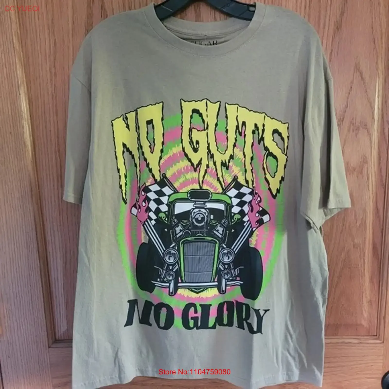 Camiseta Rue21 para hombre, color marrón y amarillo, No Guts Glory Racing, talla L, nueva con etiquetas, estilo vintage, lavada, unisex, informal, ropa de diseñador, versátil