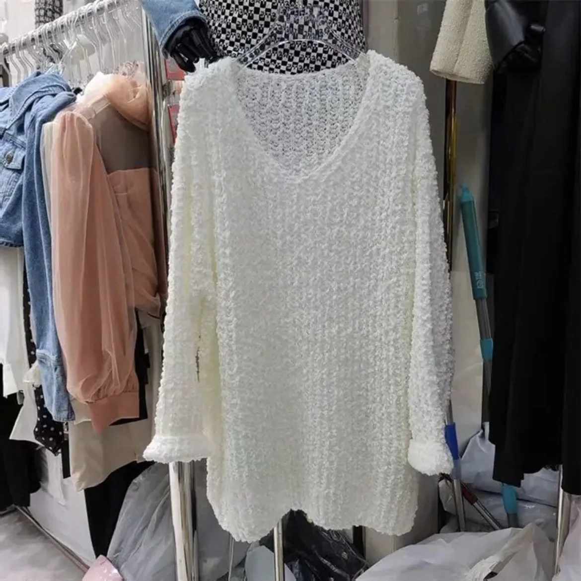 Loose Long Sleeve Knitted Base Layer Top Korean Style Lazy Versatile Polyester Fiber V-Neck Casual Elegant Bottoming Shirt