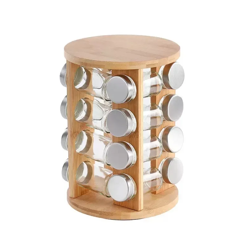 

Bamboo rotating spice rack with 12 jars, 360 rotating kitchen organizer for spicy shelf cleaning tool