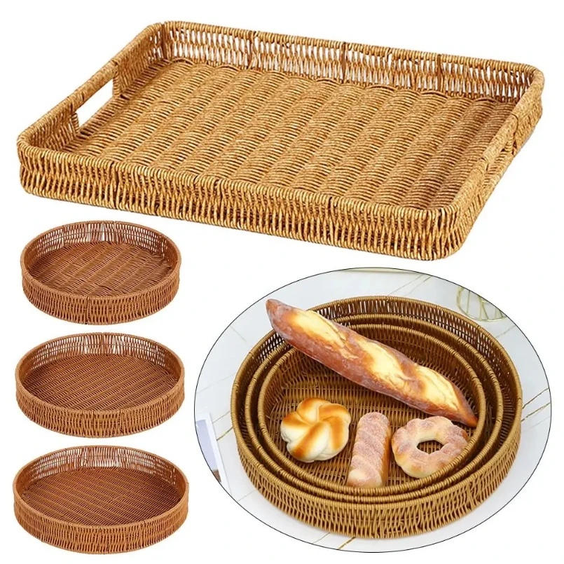 

Food Plate Handwoven Plastic Rattan Storage Tray Round Shape Fruit Vegetable Cake Imitation Wicker Rattan Threads Basket