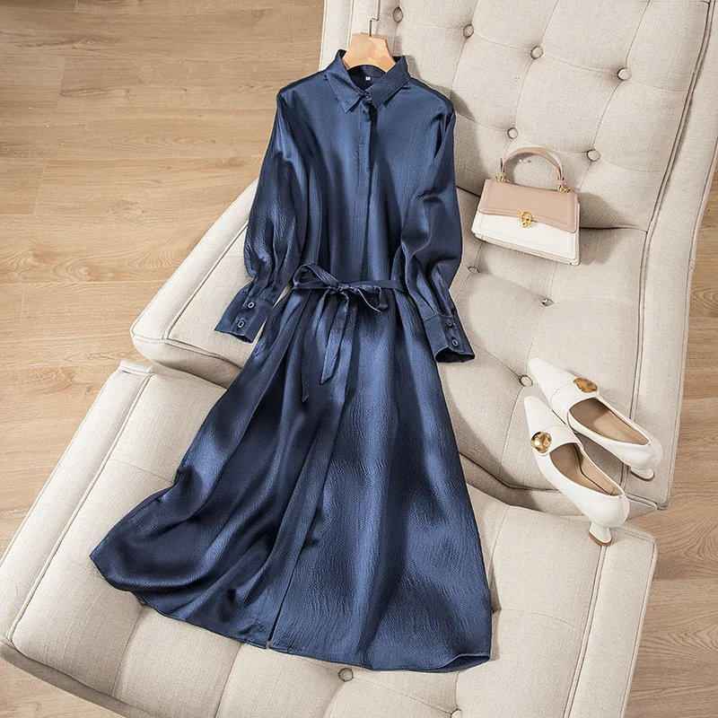 2024 Women\'s Autumn New 100% Natural Mulberry Silk Pearl Satin Turn-down Collar Deep Blue Shirt Style Long Sleeve Party Dress