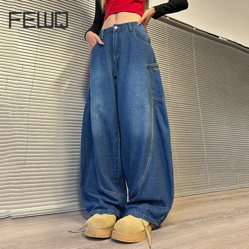 FEWQ Men Knife Jeans 2024 Autumn Winter Pocket Design Solid Color Wide Leg Pants Korea Fashion Male Trousers Casual 24E5602