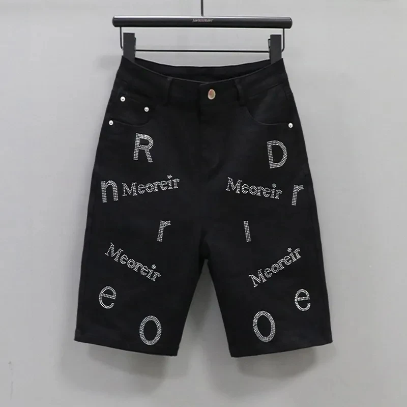 Vintage Sequin Denim Shorts Jeans Hip Hop Rhinestone Sequin Vintage Denim Shorts Low Rise Over The Knee Pant Casual Shorts Women