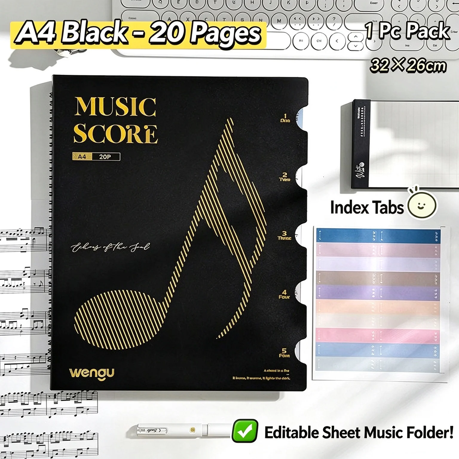 A4 Music Sheet Holder, Black Music Folder, Expandable Ring Binder, Non-Reflective, Adjustable, Piano Sheet Music Storage Album