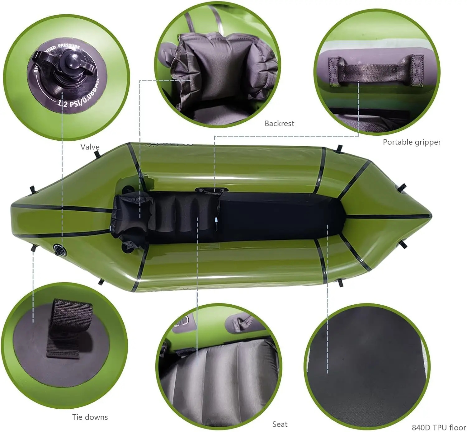 

Single Person Lightweight TPU Inflatable Travel Kayak Packraft with Soft Seat for Flat Water Rafting