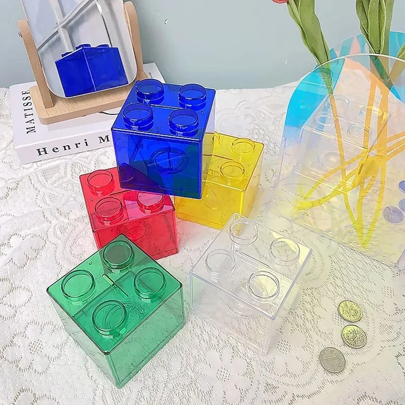 Money Box Building Block Saving Box Transparent Plastic Blocks Piggy Bank Coin Storage Case Kid Toy Gift Change Boxes Home Decor