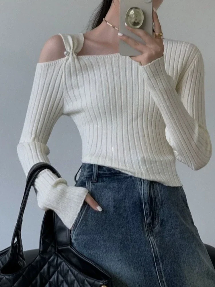 Women Off Shoulder Knit Sweater Long Sleeve Elastic Slim Soft Ribbed Knit Top Elegant Strap Pearl Autumn Winter Knitwear Blouse