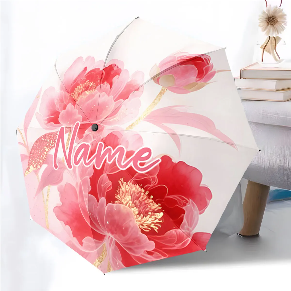 Custom Name Umbrella Design with Bold Red Peony Blooms Print 8 Iron Ribs Folding Umbrella, Auto-Open Fashion Sunshade