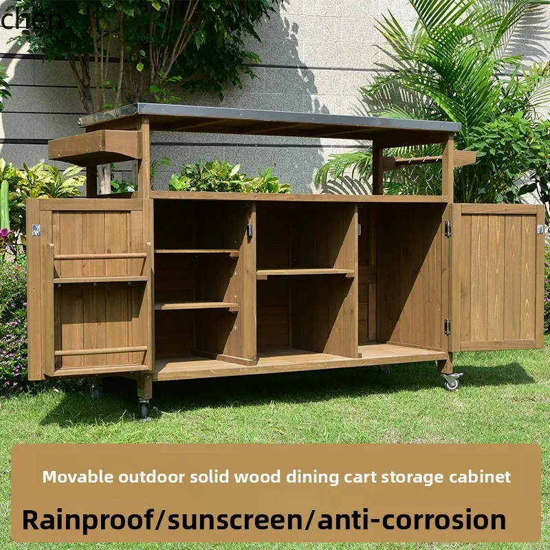 HXL Outdoor Solid Wood Dining Cart Prep Storage Cabinet Storage Operation Table Organizer with Wheels Movable